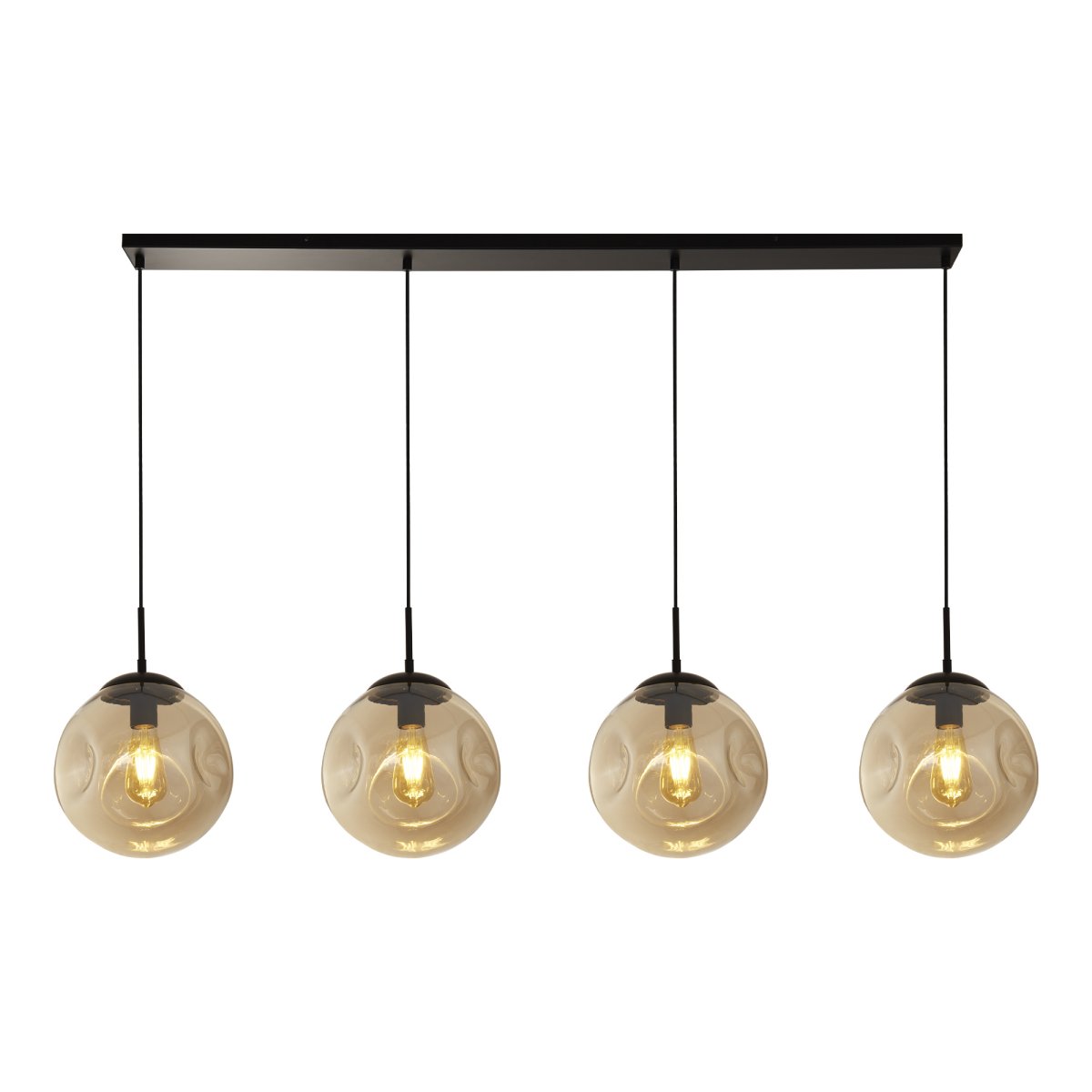 Punch 147cm Champán Lámpas de techo De Searchlight - Las pantallas de cristal ligeramente cóncavas, combinadas con la estructura de metal negro, crean un contraste moderno y elegante que complementa diversos estilos de decoración.