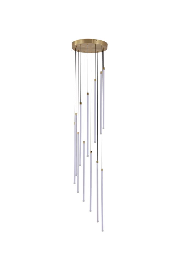 Flare Ø35 Latón Lámpas de techo De Searchlight - Doce delgadas varillas blancas con iluminación LED integrada cuelgan de diferentes longitudes de un dosel de techo metálico con acabado en latón satinado, creando una llamativa silueta en cascada.