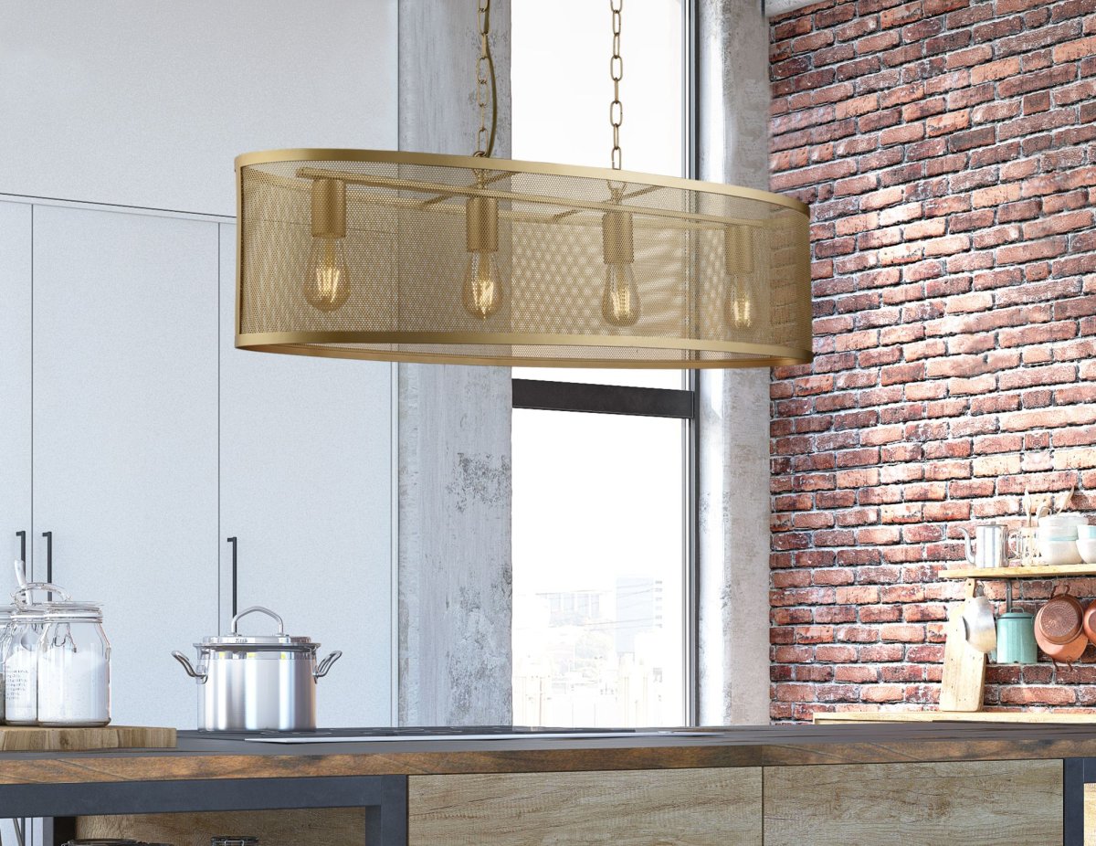 Fishnet 90cm Oro Lámpas de techo De Searchlight - Esta impresionante l&aacute;mpara colgante de red en oro mate encierra cuatro fuentes de luz en una hermosa y decorativa jaula de red de color dorado.