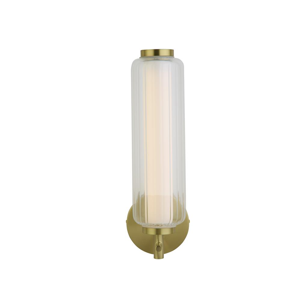 Mod 32cm Latón lámpara de pared De Searchlight - Esta elegante l&aacute;mpara de pared combina una c&aacute;lida superficie de lat&oacute;n satinado con l&iacute;neas modernas y limpias y una elegante pantalla de cristal acanalado.