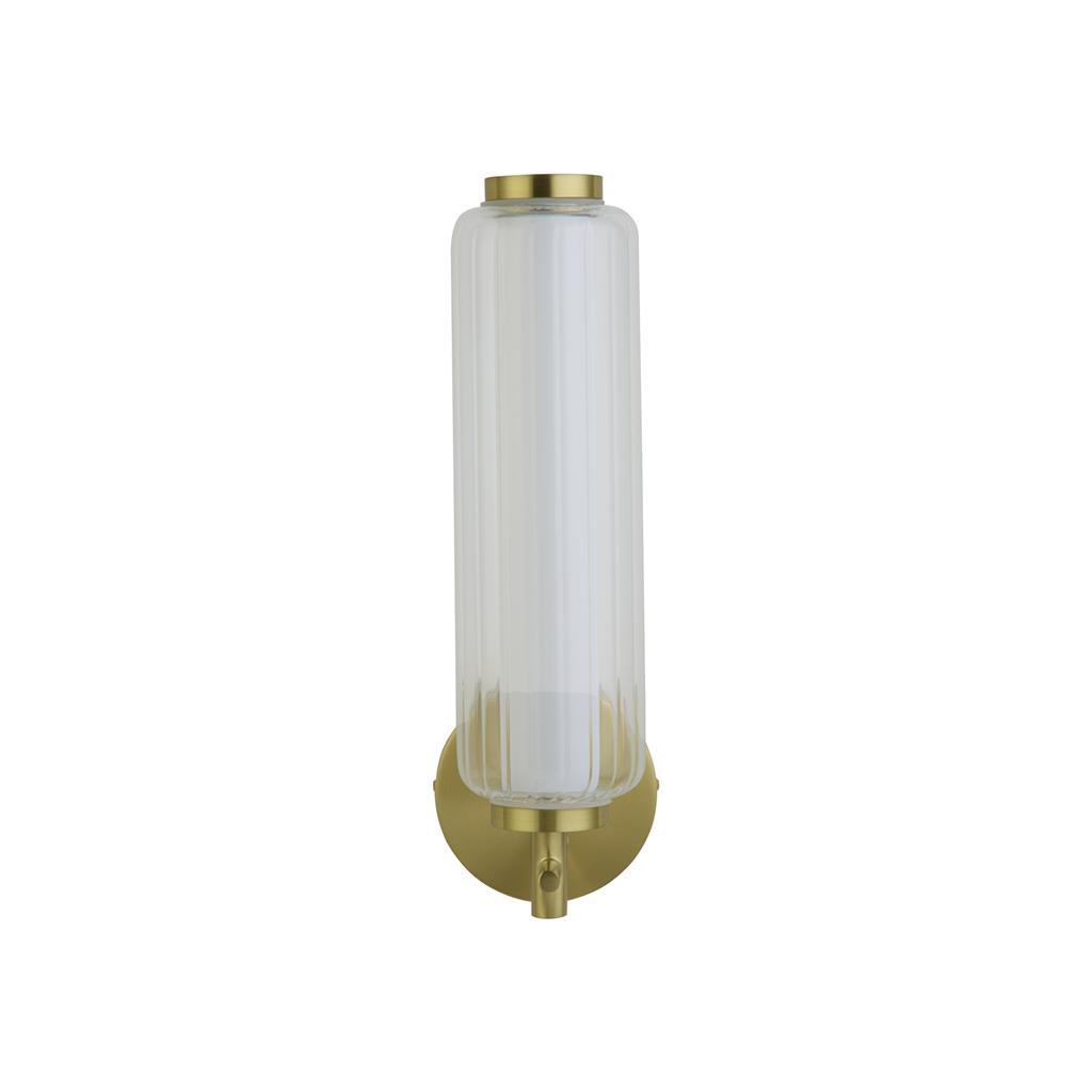 Mod 32cm Latón lámpara de pared De Searchlight - Esta elegante l&aacute;mpara de pared combina una c&aacute;lida superficie de lat&oacute;n satinado con l&iacute;neas modernas y limpias y una elegante pantalla de cristal acanalado.
