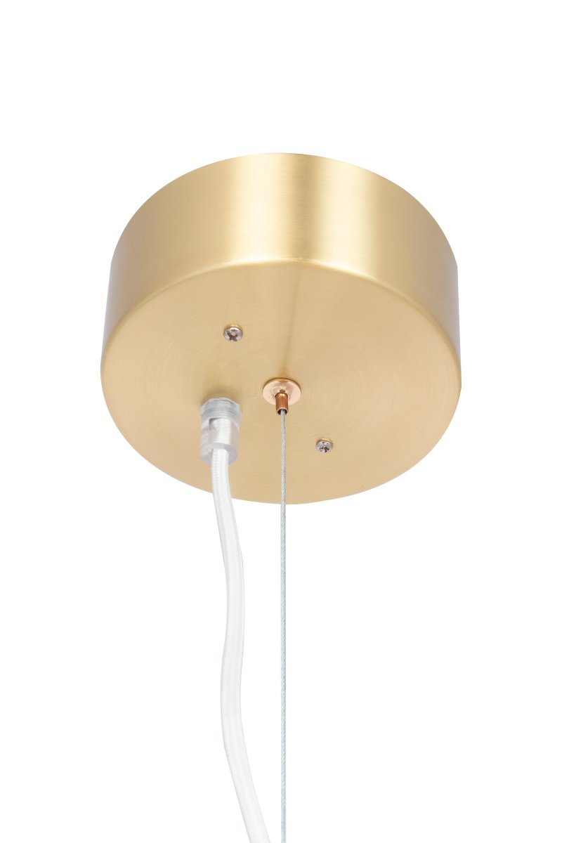 Astrid 85cm Latón cepillado Lámpas de techo De Globen Lighting - La l&aacute;mpara cuenta con un cable textil blanco de 120 cm de longitud con alambre y un roset&oacute;n de techo en lat&oacute;n cepillado a juego.