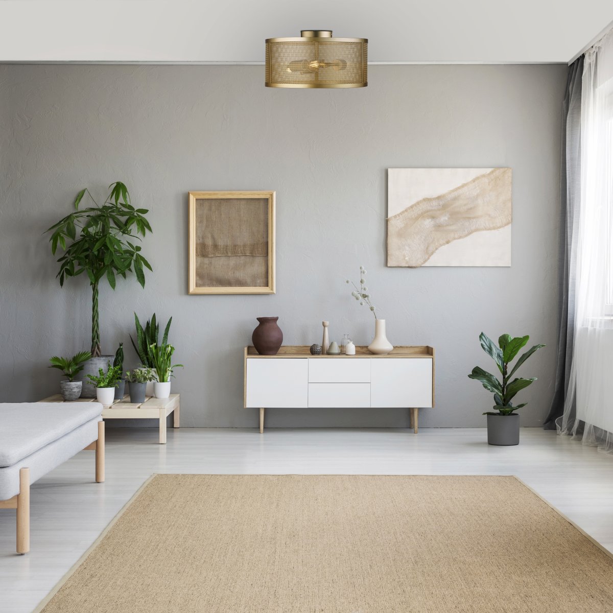 Fishnet Ø45 Oro mate plafón De Searchlight - Esta impresionante lámpara de techo de rejilla dorada encierra tres fuentes de luz en una hermosa y decorativa jaula de rejilla.