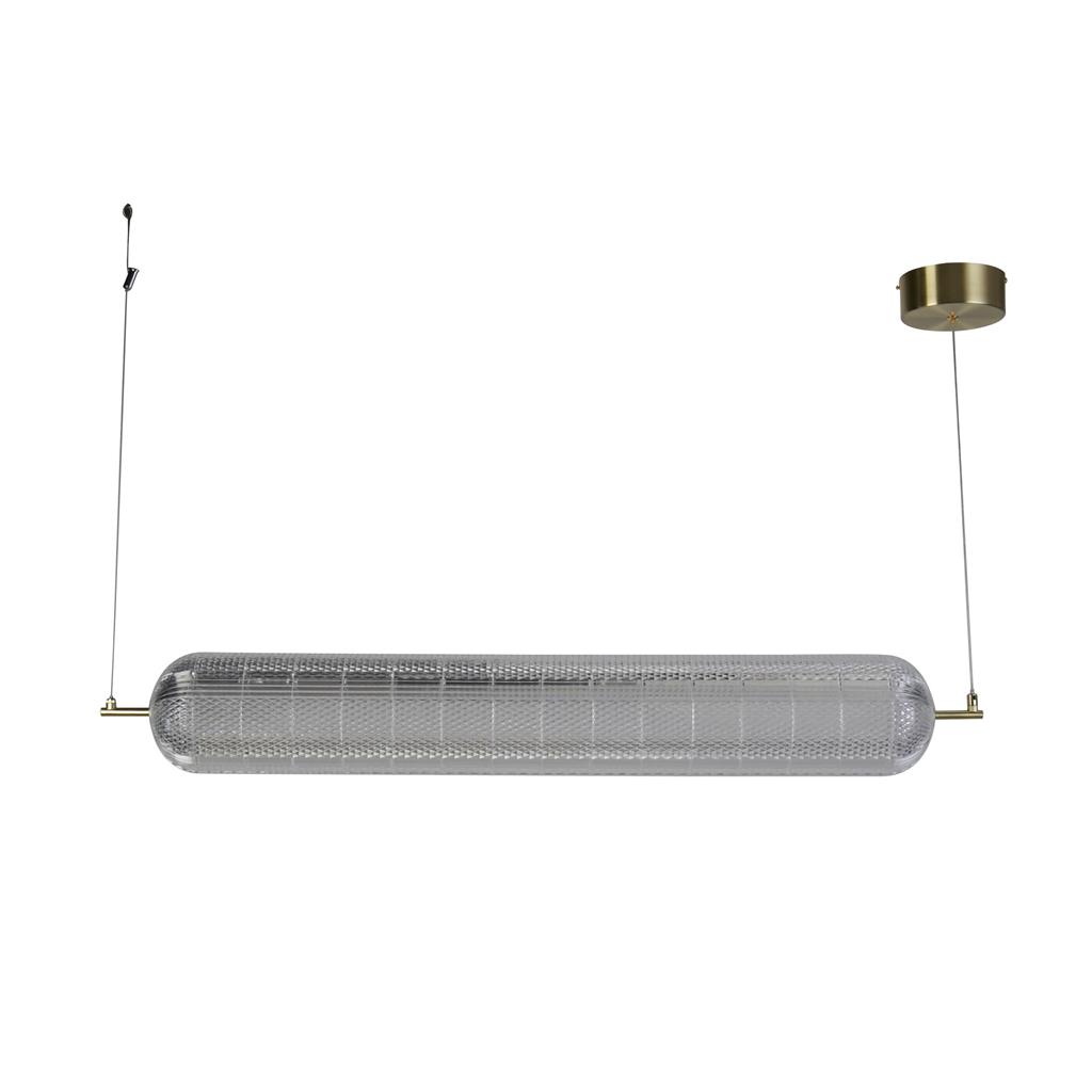 Capsule 108cm Latón Lámpas de techo De Searchlight - Capsule es una elegante y moderna lámpara colgante con detalles de latón satinado y una pantalla de cristal acrílico que difunde una luz suave y agradable.