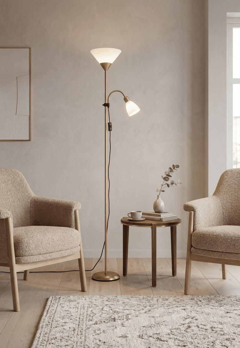 Vigo Latón lámpara de pie De Aneta Lighting - La l&aacute;mpara de pie Vigo combina iluminaci&oacute;n indirecta y luz de lectura de forma pr&aacute;ctica y elegante.