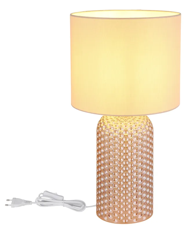 Sofia 50cm Champán lámpara de mesa De Globo Lighting - Bordslampan Sofia imponerar med sin eleganta kombination av en texturerad glaskropp och en cylindrisk textilsk&auml;rm i lyxig champagneton.