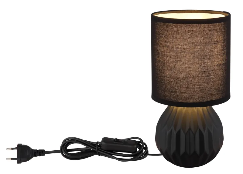 Sylas 23cm Negro lámpara de mesa De Globo Lighting - Den rundade keramiska basen i elegant svart och den matchande cylindriska textilsk&auml;rmen skapar en harmonisk och modern estetik.