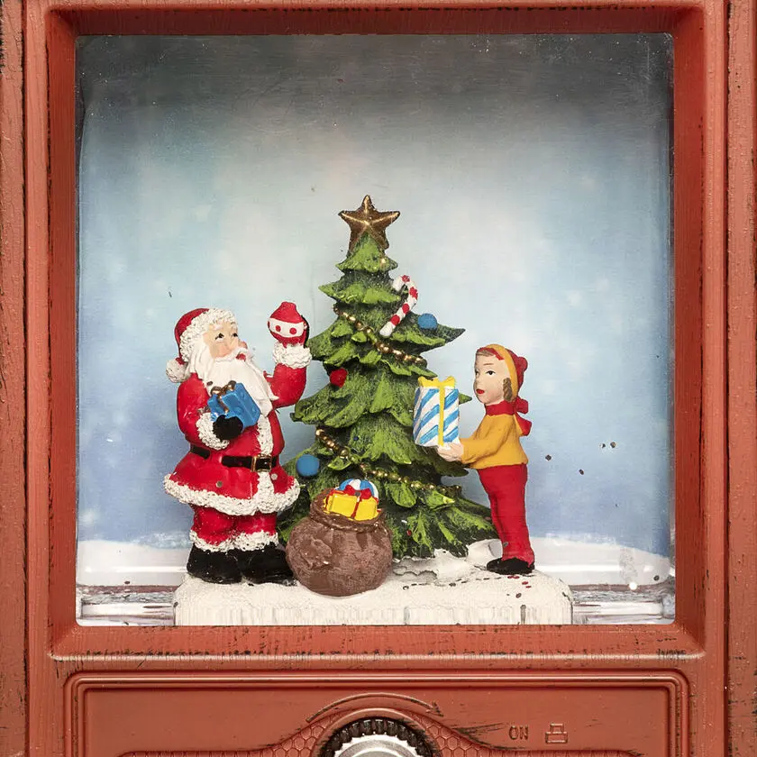 Linterna Rellena De Agua Con Forma De Televisor Marrón De Konstsmide - Esta linterna llena de agua con forma de televisor retro muestra una escena atmosf&eacute;rica con Pap&aacute; Noel, un ni&ntilde;o y un &aacute;rbol de Navidad decorado.