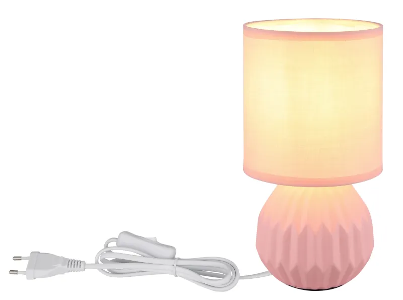 Sylas 23cm Rosa lámpara de mesa De Globo Lighting - Den rundade keramiska basen i elegant rosa och den matchande cylindriska textilsk&auml;rmen skapar en harmonisk och modern estetik.