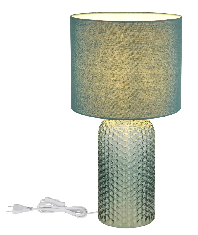 Sofia 50cm Verde lámpara de mesa De Globo Lighting - Bordslampan Sofia imponerar med sin eleganta kombination av en texturerad glaskropp och en cylindrisk textilsk&auml;rm i lyxig gr&ouml;n ton.