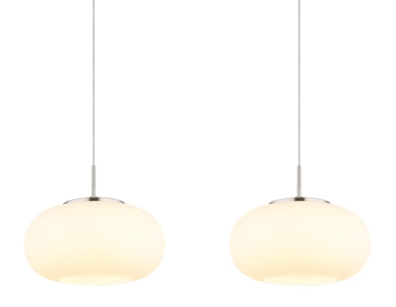 Quintara 110cm Níquel Lámpas de techo De Globo Lighting - Quintara&nbsp;&auml;r en stilren och modern takpendel med en rak metallram och fyra runda, sf&auml;riska glaskupor.