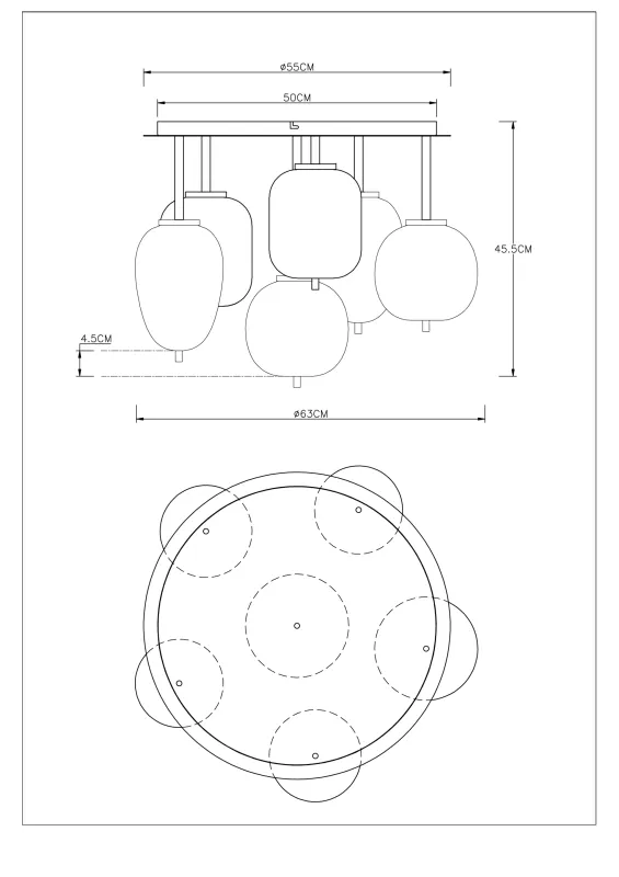 Blacky Ø63 Latón plafón De Globo Lighting - Lampan &auml;r utrustad med 6st r&ouml;kf&auml;rgade glaskupor i olika former, som h&auml;nger fr&aring;n taket p&aring; mattsvarta st&auml;nger f&auml;sta vid en m&auml;ssingsf&auml;rgad bas.