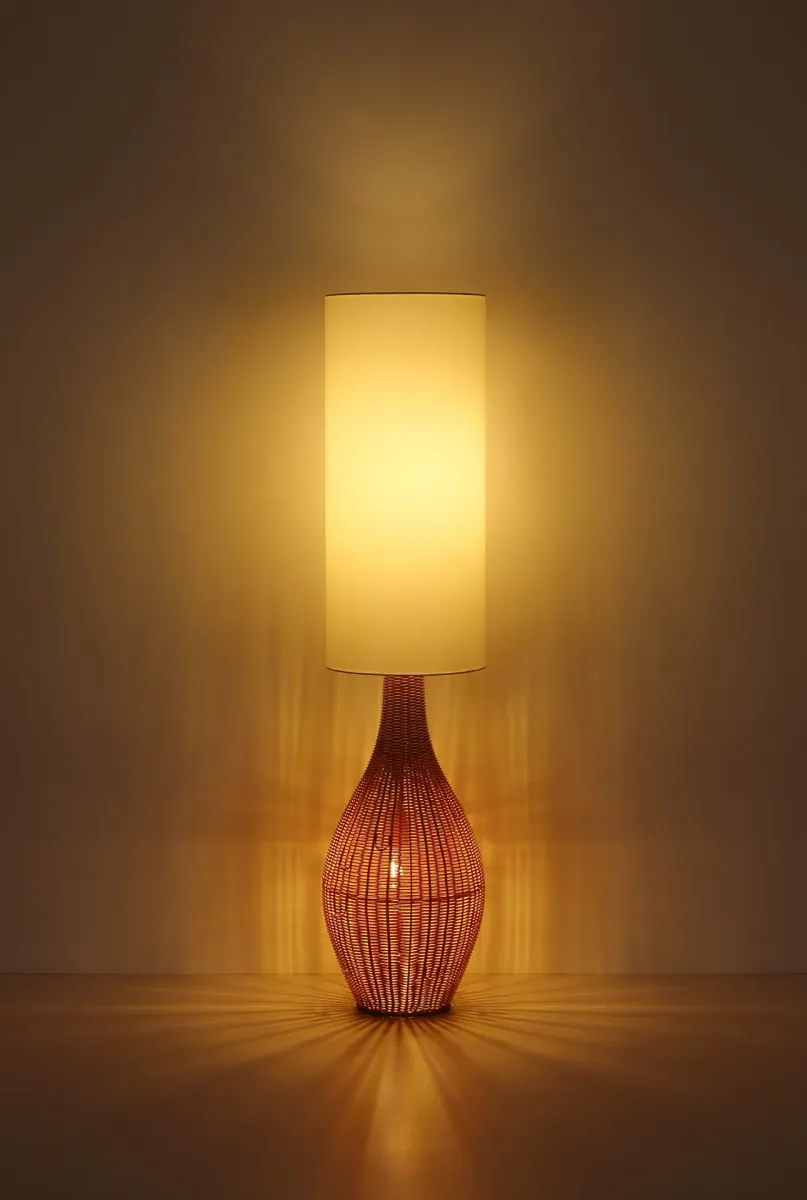 Anko Marrón lámpara de pie De Globo Lighting - Den rundade designen i plast med en dekorativ rottinglook ger en naturlig charm, medan den vita textilsk&auml;rmen sprider ett mjukt och behagligt ljus.