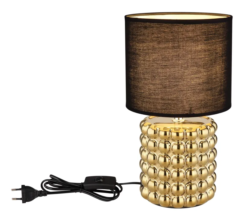 Valentino 33cm Oro lámpara de mesa De Globo Lighting - P&aring; en cylinderformad fot i guldf&auml;rgad keramik vilar en stilren, svart textilsk&auml;rm.