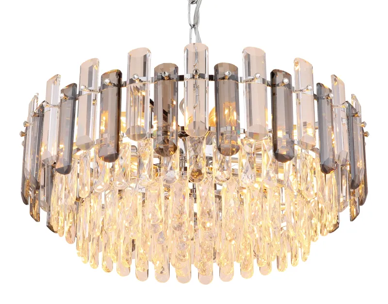 Orgina Ø60 Color humo cristal De Globo Lighting - Takkronan Orgina tillf&ouml;r rummet en lyxig k&auml;nsla med gnistrande kristaller och r&ouml;kf&auml;rgade glasstavar.