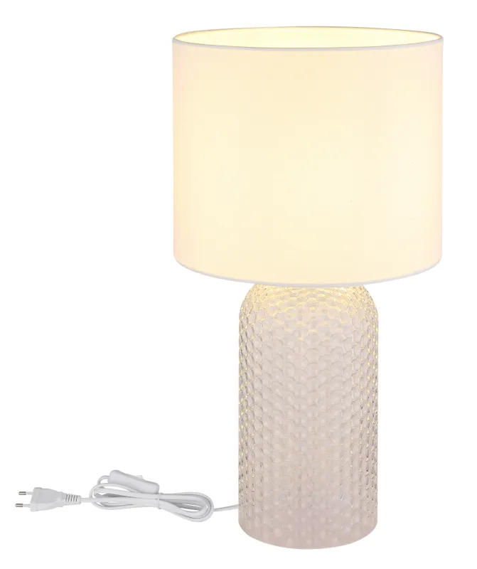 Sofia 50cm Blanco lámpara de mesa De Globo Lighting - Bordslampan Sofia imponerar med sin eleganta kombination av en texturerad glaskropp och en cylindrisk textilsk&auml;rm.