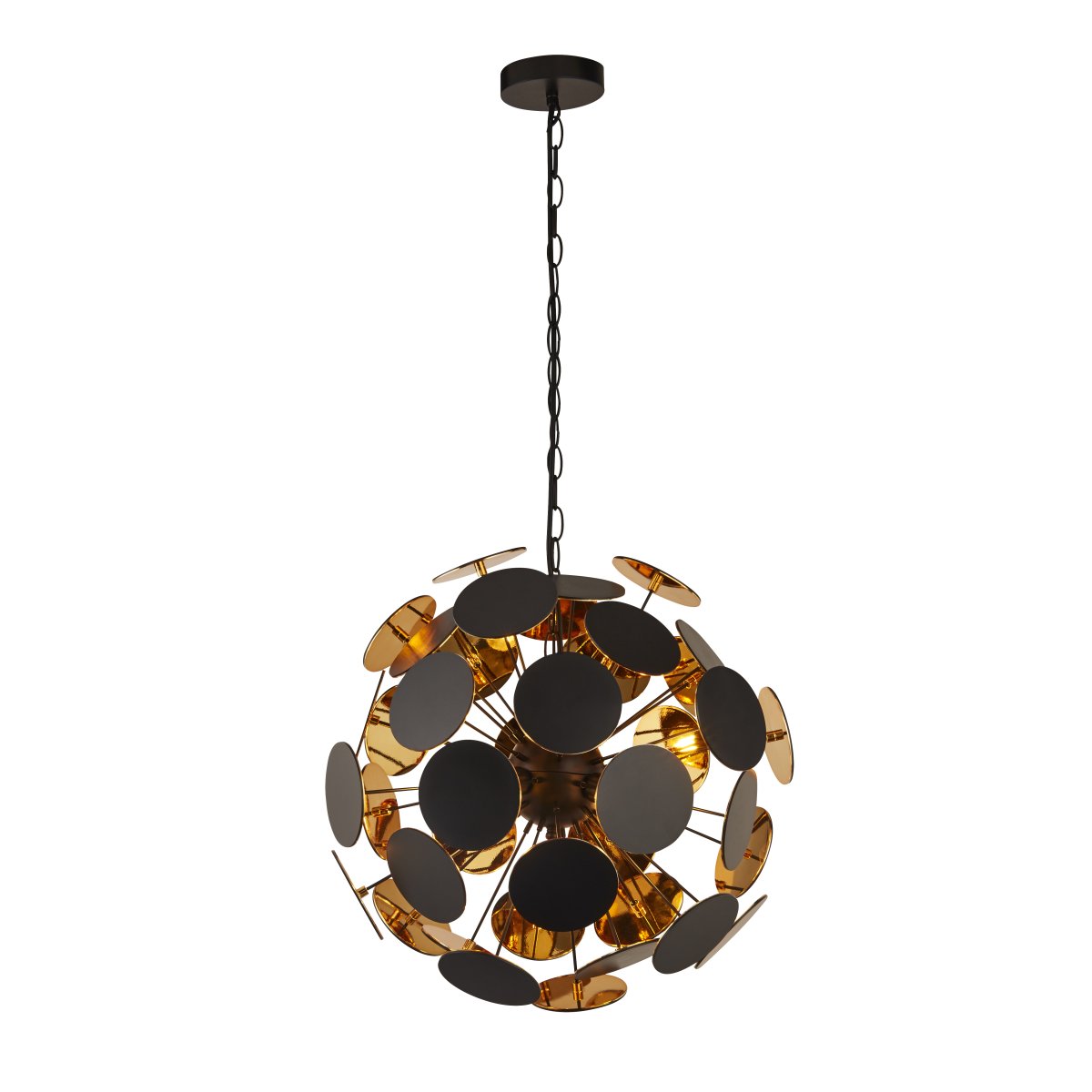 Discus Ø47 Negro Lámpas de techo De Searchlight - La lámpara colgante Discus con cuatro fuentes de luz tiene un acabado negro mate y puntas de metal con discos redondos en los extremos y un interior de color dorado.
