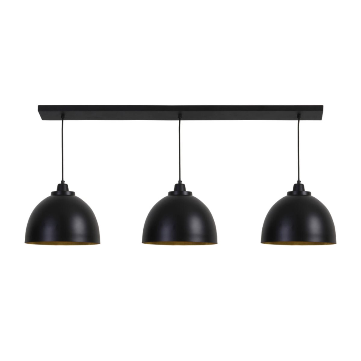 Kylie 135cm Negro Lámpas de techo De Light & Living - La rústica lámpara de techo Kylie, fabricada en metal negro, cuenta con tres pantallas con interior dorado que proporcionan una distribución de luz cálida y agradable.