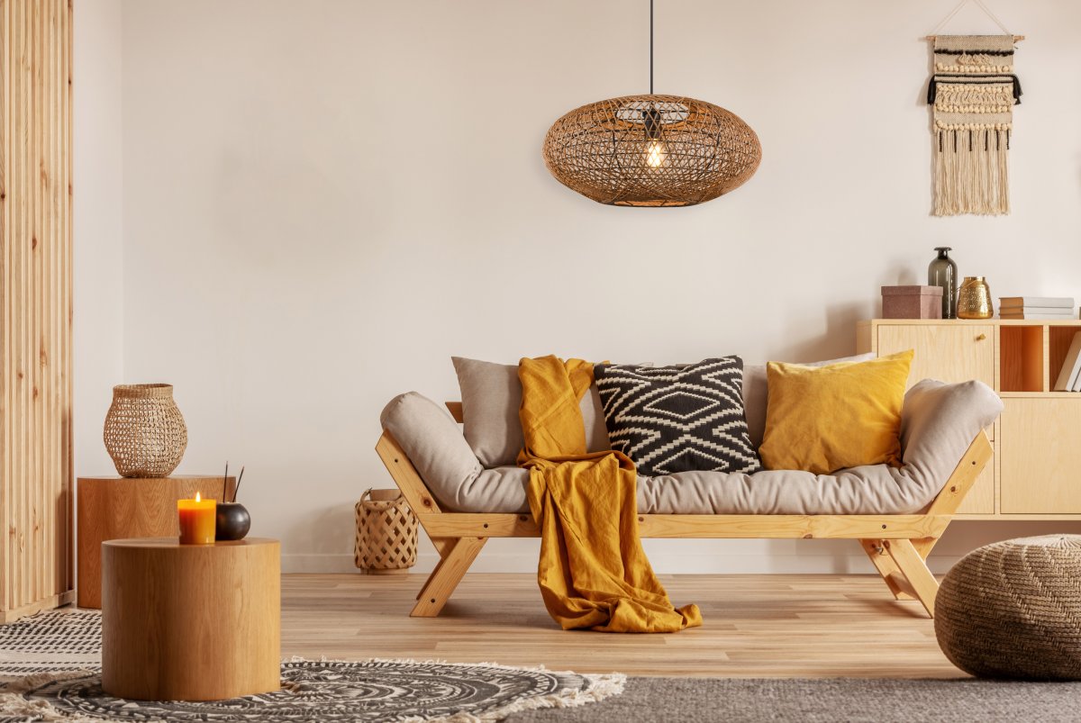 Hedda Ø52 Naturaleza Lámpas de techo De Trio Lighting - La l&aacute;mpara decorativa HEDDA crea emocionantes contrastes e ilumina las estancias con su tejido de sisal, que proyecta un patr&oacute;n de luces y sombras en la superficie.