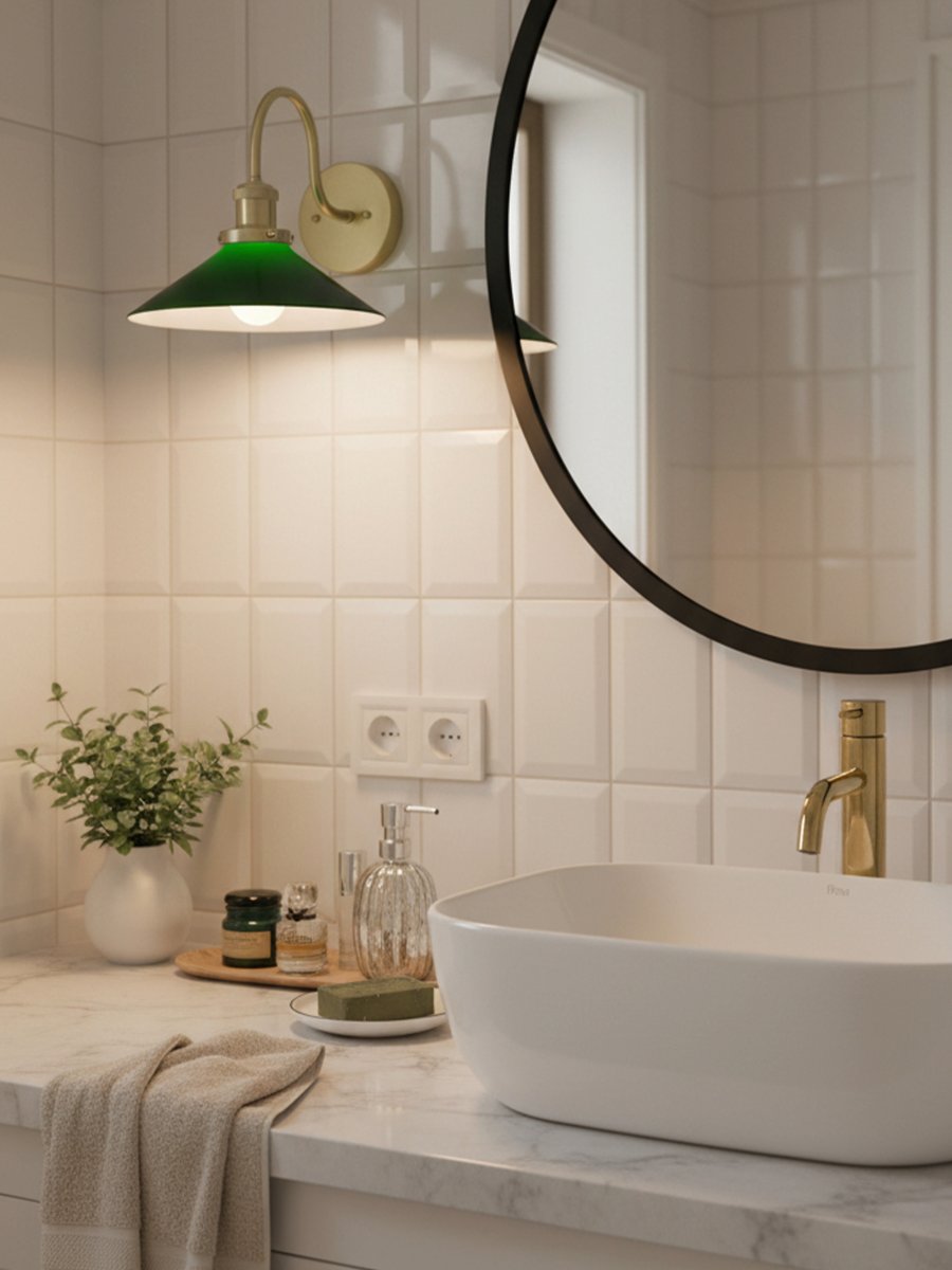 August 38cm Latón/verde lámpara de baño De PR Home - Este aplique de estilo zapatero, dise&ntilde;ado espec&iacute;ficamente para ba&ntilde;os, cuenta con una elegante pantalla de vidrio de 25 cm de di&aacute;metro que difunde la luz de forma suave y uniforme.