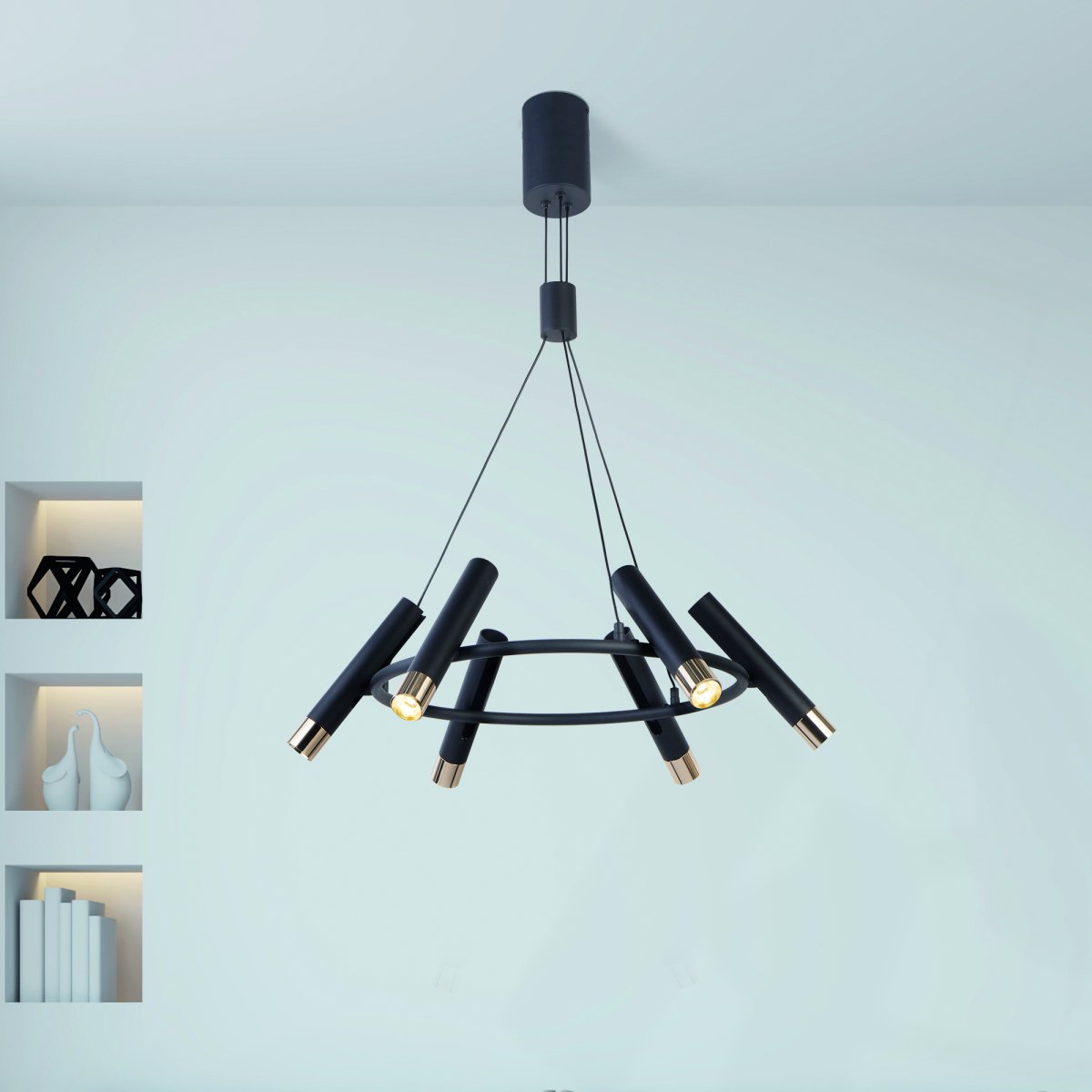 Cylinder Ø70 Negro Lámpas de techo De Searchlight - La lámpara de techo cilíndrica con 6 puntos de luz en negro y dorado llama la atención en cualquier habitación.