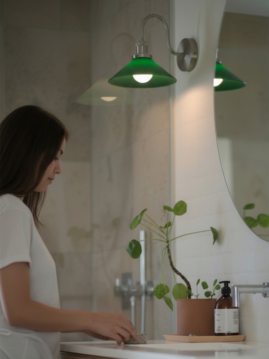 August 38cm Cromo/verde lámpara de baño De PR Home - Este aplique de estilo zapatero fue dise&ntilde;ado espec&iacute;ficamente para ba&ntilde;os y cuenta con una elegante pantalla de vidrio de 25 cm de di&aacute;metro que difunde la luz de forma suave y uniforme.