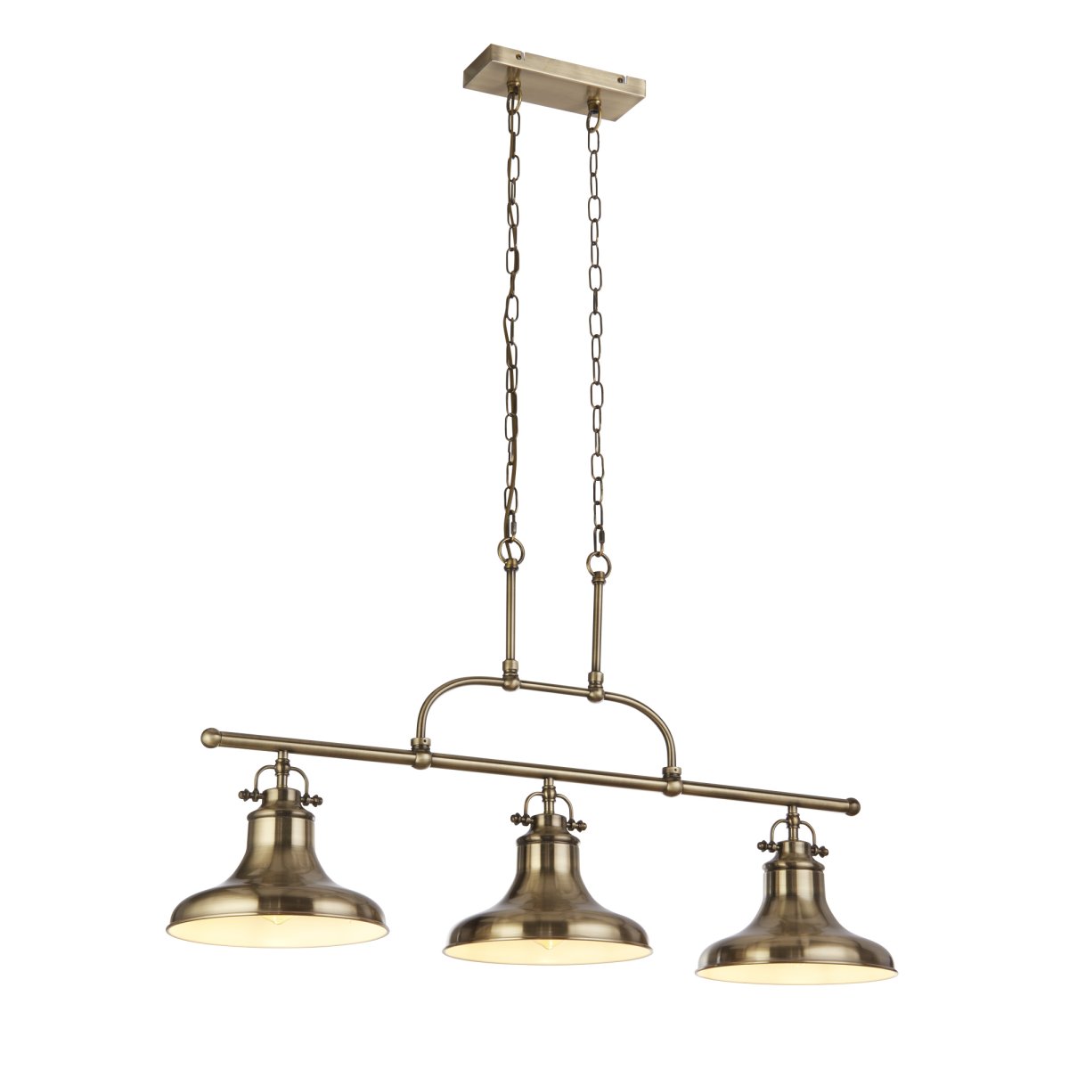 Dallas 96cm Latón antiguo Lámpas de techo De Searchlight - La lámpara colgante Dallas de tres brazos en latón antiguo es una solución de iluminación elegante y con estilo que realza tanto los interiores modernos como los tradicionales.