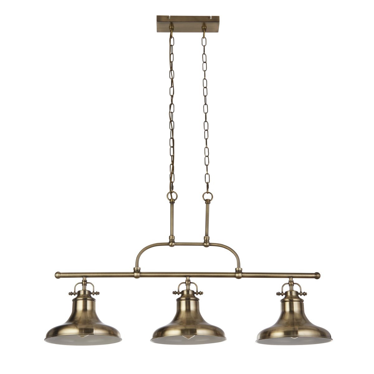 Dallas 96cm Latón antiguo Lámpas de techo De Searchlight - La lámpara colgante Dallas de tres brazos en latón antiguo es una solución de iluminación elegante y con estilo que realza tanto los interiores modernos como los tradicionales.