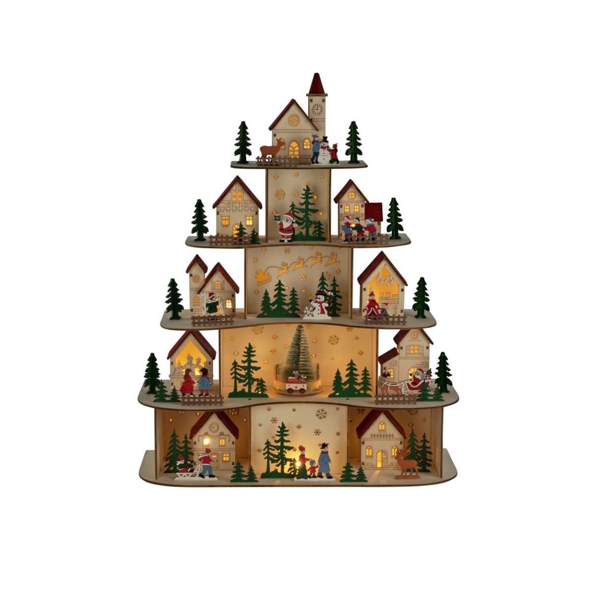 Pueblo navideño LED 48cm Madera De Konstsmide - El pueblo navide&ntilde;o funciona con 3 pilas AA (no incluidas) y cuenta con temporizador (6 horas encendido, 18 horas apagado, repetici&oacute;n), lo que lo hace pr&aacute;ctico y de bajo consumo.