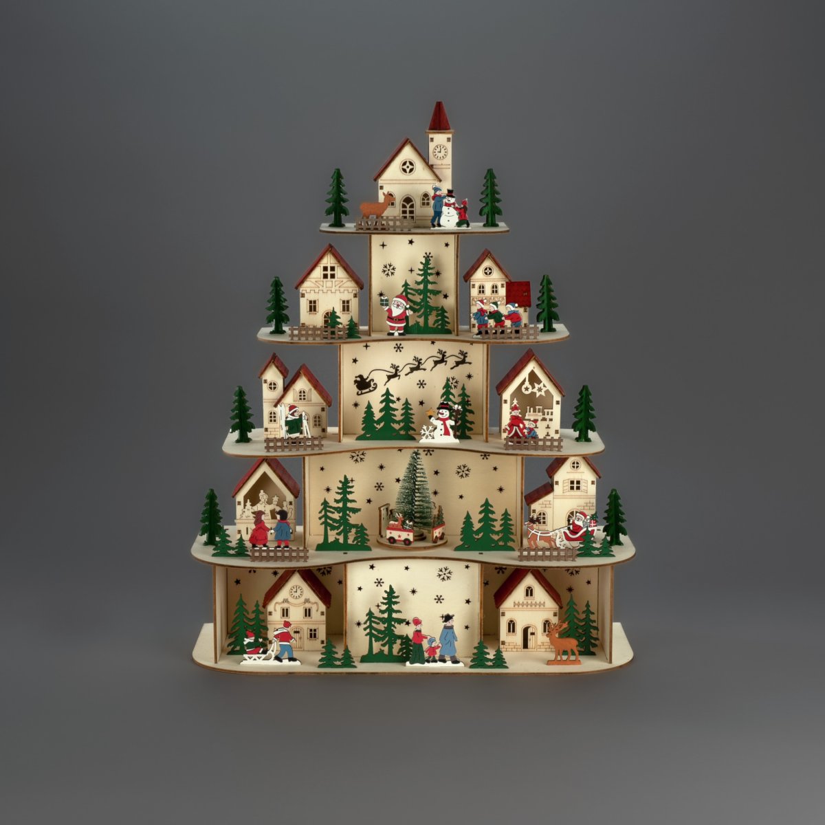 Pueblo navideño LED 48cm Madera De Konstsmide - El pueblo navide&ntilde;o funciona con 3 pilas AA (no incluidas) y cuenta con temporizador (6 horas encendido, 18 horas apagado, repetici&oacute;n), lo que lo hace pr&aacute;ctico y de bajo consumo.