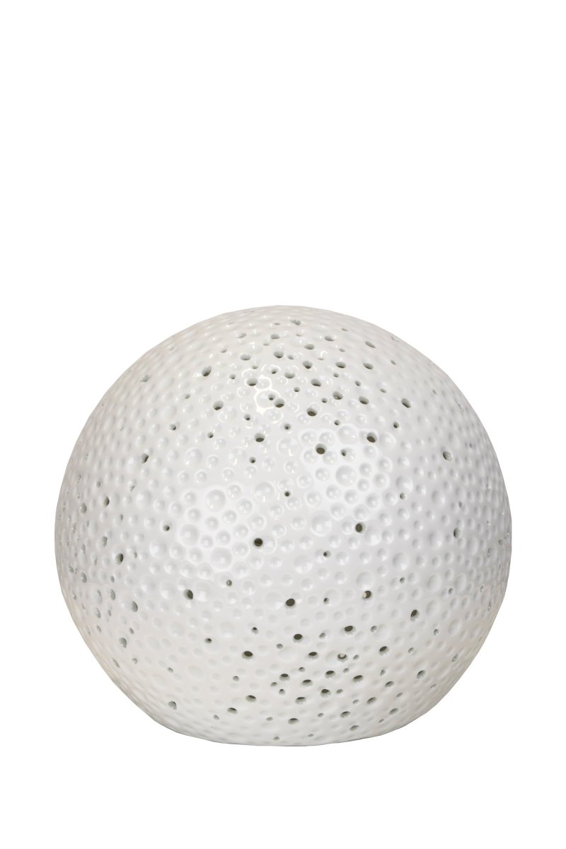 Moonlight 20cm Blanco lámpara de mesa De Globen Lighting - La superficie de esta lámpara de mesa un poco más moderna presenta agujeros perforados de diferentes tamaños, así como cráteres que recuerdan la apariencia de los hombres.