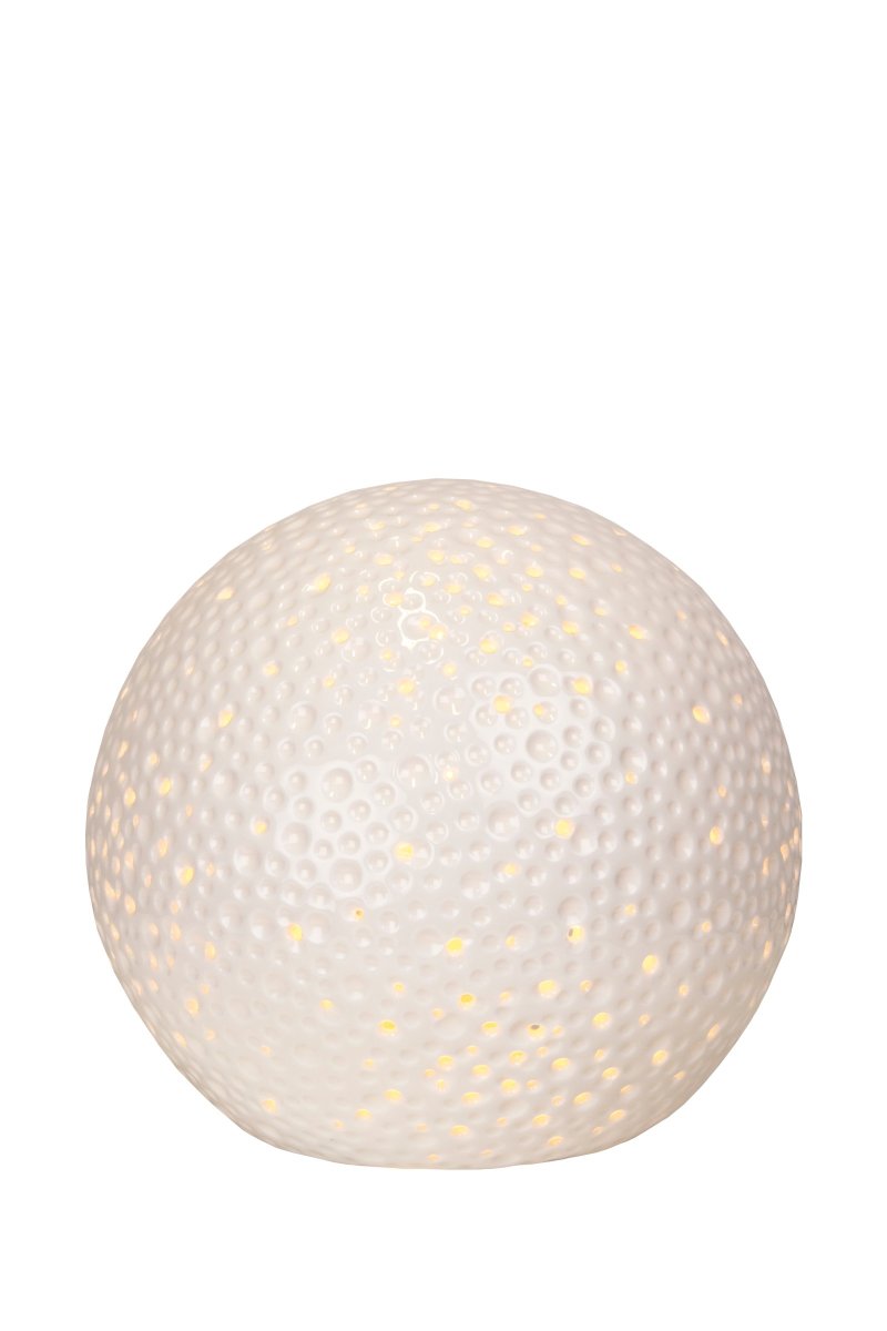 Moonlight 20cm Blanco lámpara de mesa De Globen Lighting - La superficie de esta lámpara de mesa un poco más moderna presenta agujeros perforados de diferentes tamaños, así como cráteres que recuerdan la apariencia de los hombres.