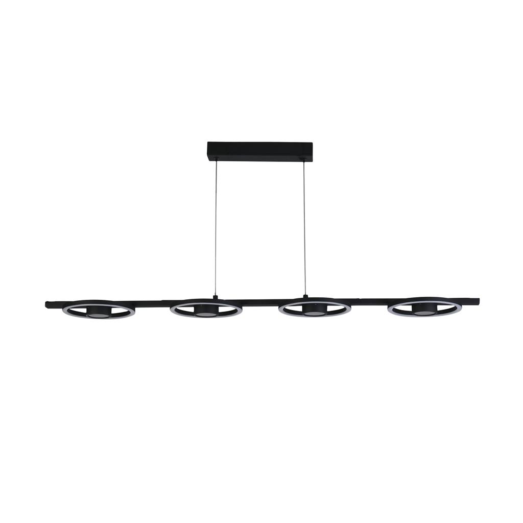 Space 120cm Negro Lámpas de techo De Searchlight - Space es una moderna y elegante l&aacute;mpara colgante con cuatro elegantes anillos LED de metal negro que crean un efecto impactante.