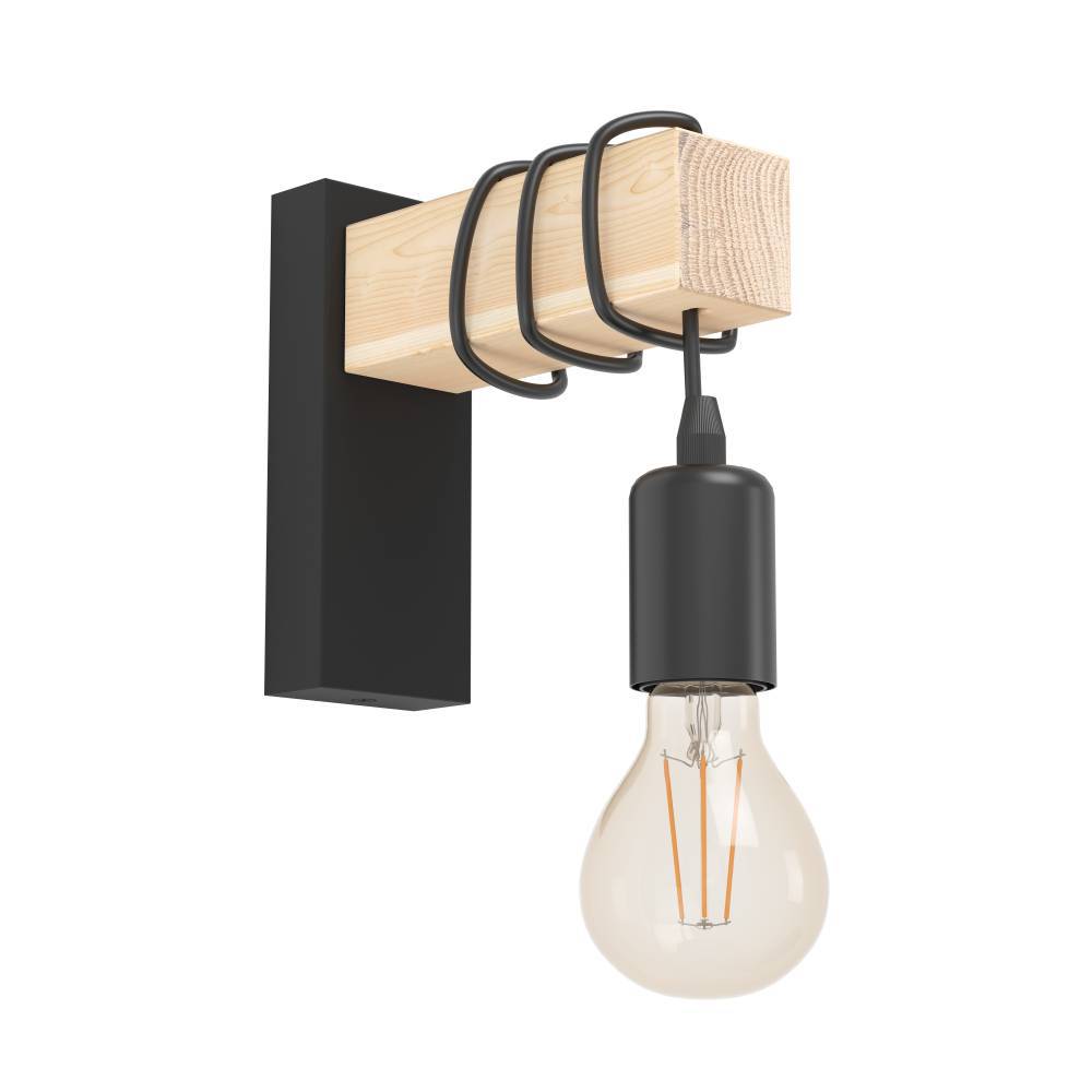 Townshend Negro lámpara de pared De Eglo - Los robustos detalles de madera y el cable expuesto le dan a la lámpara un toque rústico, mientras que la bombilla expuesta subraya el estilo industrial.