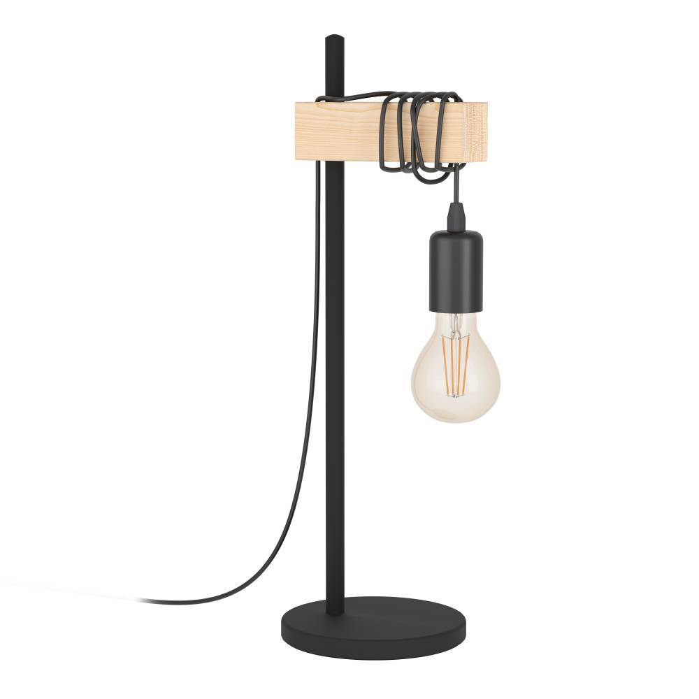 Townshend 50cm Negro lámpara de mesa De Eglo - Los robustos detalles de madera y el cable expuesto le dan a la lámpara un toque rústico, mientras que la bombilla expuesta subraya el estilo industrial.