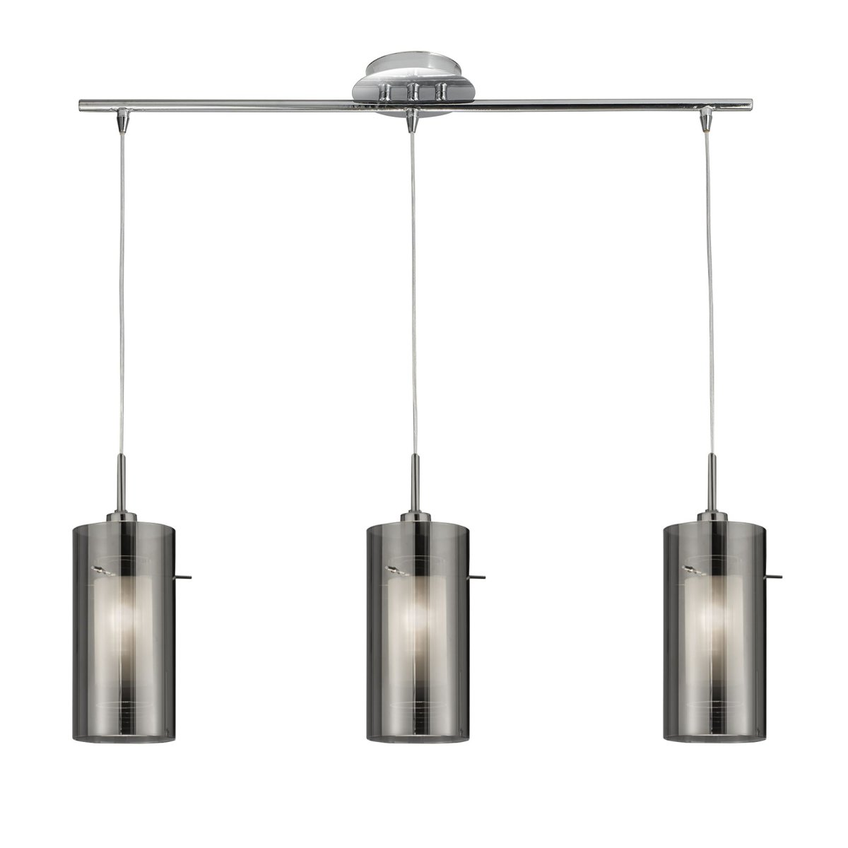 Duo 70cm Color humo Lámpas de techo De Searchlight - La lámpara colgante Duo en cromo con tres fuentes de luz y pantallas de cristal cilíndricas dobles proporciona a la cocina o al comedor una impresión moderna y elegante, perfectamente colocada encima de una isla de cocina.