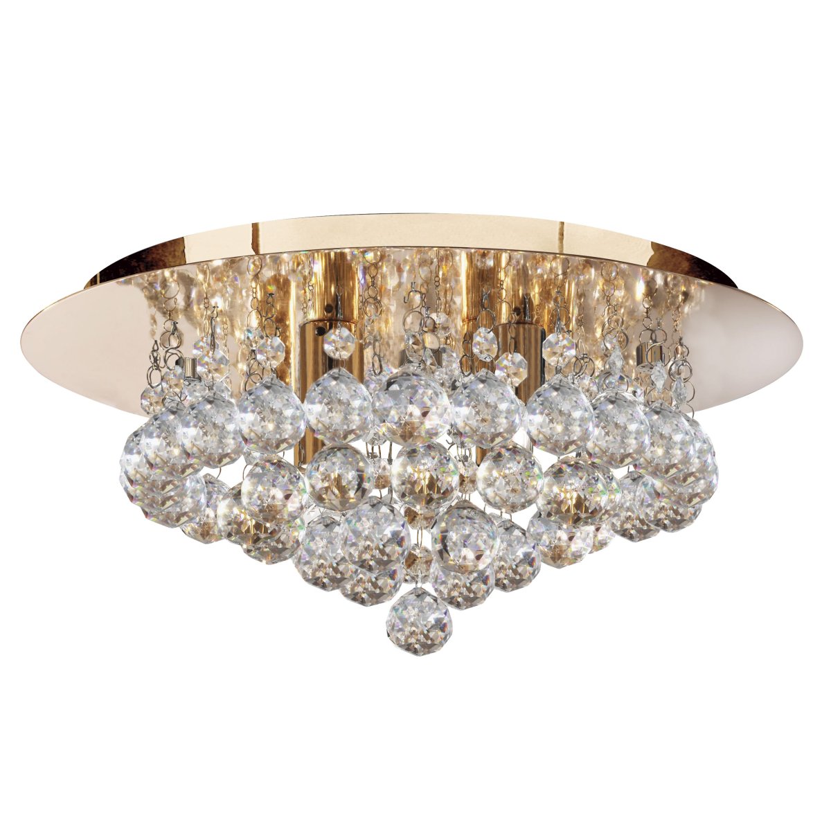 Hanna Ø35 Oro cristal De Searchlight - La lujosa lámpara se encuentra cerca del techo y cuenta con cuatro fuentes de luz rodeadas de elegantes decoraciones y esferas de cristal.