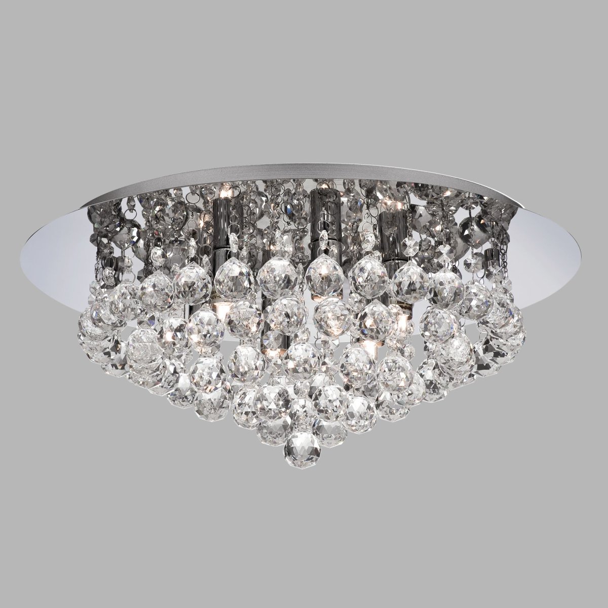 Hanna Ø45 Cromo cristal De Searchlight - La lujosa l&aacute;mpara se encuentra cerca del techo y cuenta con seis fuentes de luz rodeadas de adornos y esferas de cristal decadentes.