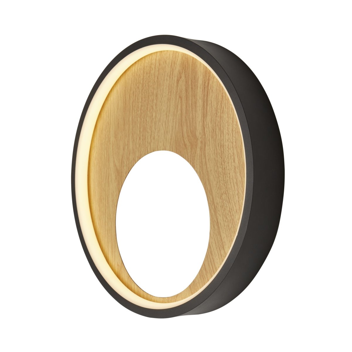 Curio Ø30 Negro/madera lámpara de pared De Searchlight - El marco exterior es de metal negro, mientras que el interior tiene un acabado cepillado: un hermoso contraste que la convierte en un verdadero punto de atracción.