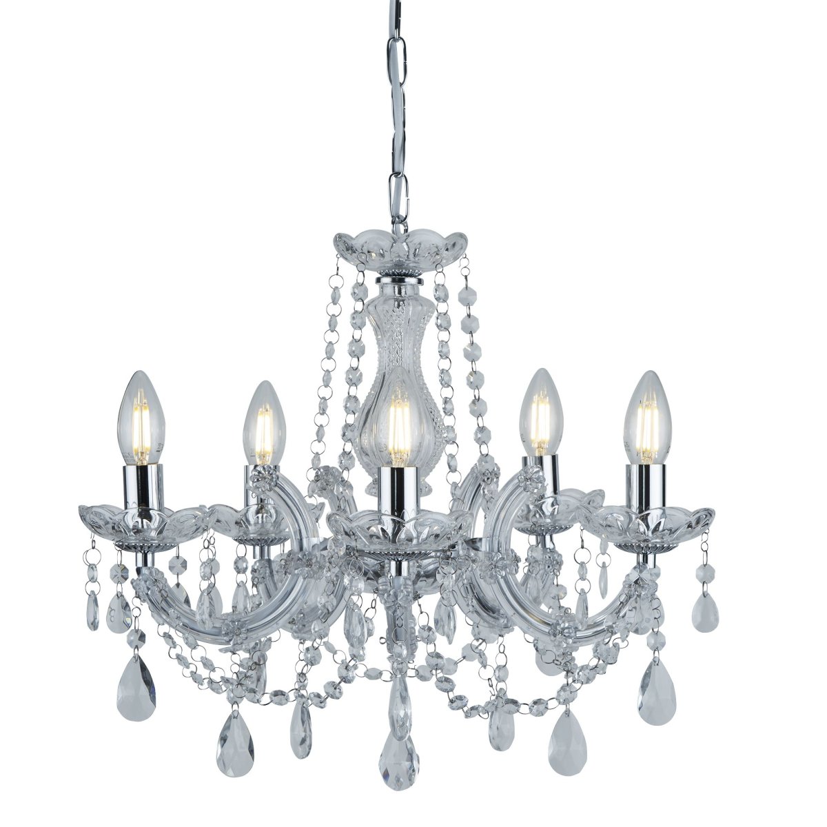 Marie Therese Ø48 Cromo Lámpas de techo De Searchlight - La espectacular y brillante lámpara de araña Marie-Thérèse de 5 luces y acabado en cromo pulido tiene un estilo aristocrático que añade una atmósfera teatral a los espacios grandes.