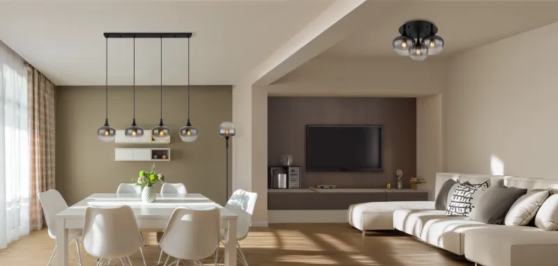 Maxy Ø45 Color humo plafón De Globo Lighting - P&aring; en rund takplatta av matttsvart metall sitter tre vackert formade r&ouml;kf&auml;rgade glaskupor.