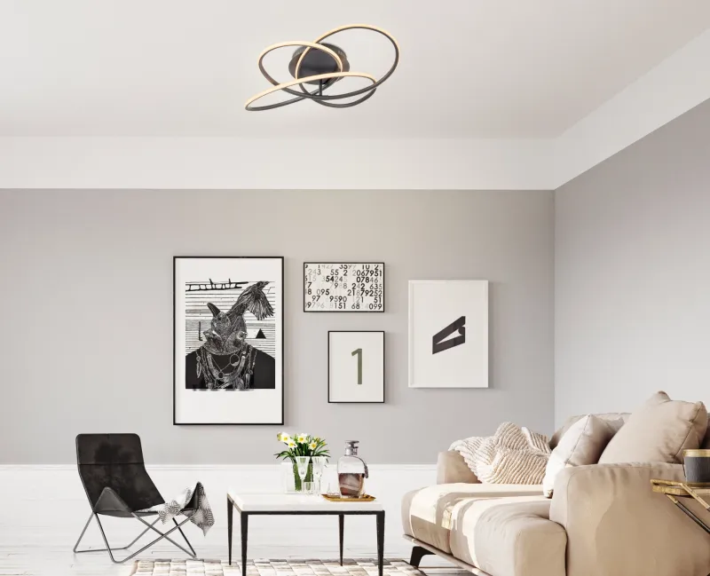 Panda Ø60 Negro plafón De Globo Lighting - Den har en fast installerad LED-panel som avger ett varmvit ljus och skapar en behaglig och inbjudande atmosf&auml;r i rummet.