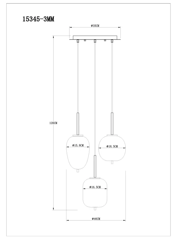 Blacky Ø46 Latón Lámpas de techo De Globo Lighting - Den best&aring;r av en rund m&auml;ssingsf&auml;rgad metallplatta, fr&aring;n vilken tre svarta kablar med r&ouml;kf&auml;rgade glasglober i olika former h&auml;nger.