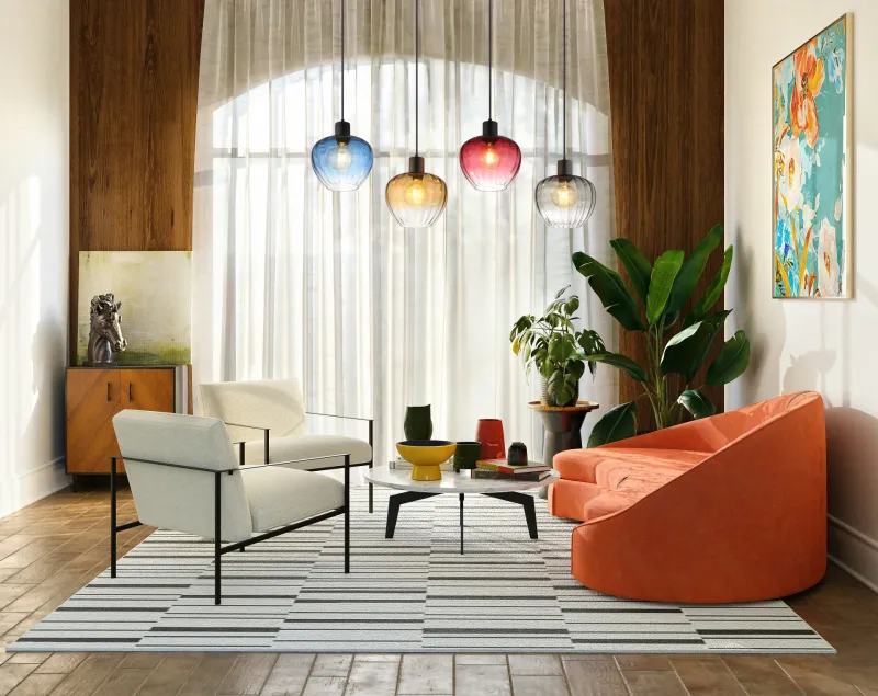 Toy 108cm Multicolor Lámpas de techo De Globo Lighting - Varje glas finns i en av fyra levande f&auml;rger &ndash; r&ouml;d, bl&aring;, b&auml;rnsten och r&ouml;k &ndash; vilket skapar en harmonisk ljusst&auml;mning och ger rummet imponerande f&auml;rgaccenter.