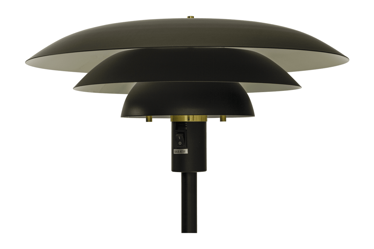 Epsilon Negro lámpara de pie De Aneta Lighting - La l&aacute;mpara de pie Epsilon tiene un dise&ntilde;o cl&aacute;sico con pantallas de metal negro en tres niveles que difunden agradablemente la luz y evitan el deslumbramiento.