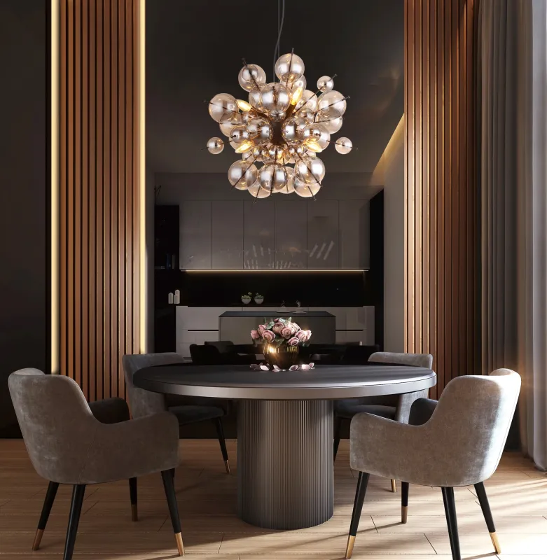Udo Ø55 Color humo Lámpas de techo De Globo Lighting - Dess unika design imponerar med en rund form d&auml;r eleganta metallst&auml;nger sammanl&auml;nkas med dekorativa kulor i olika storlekar.