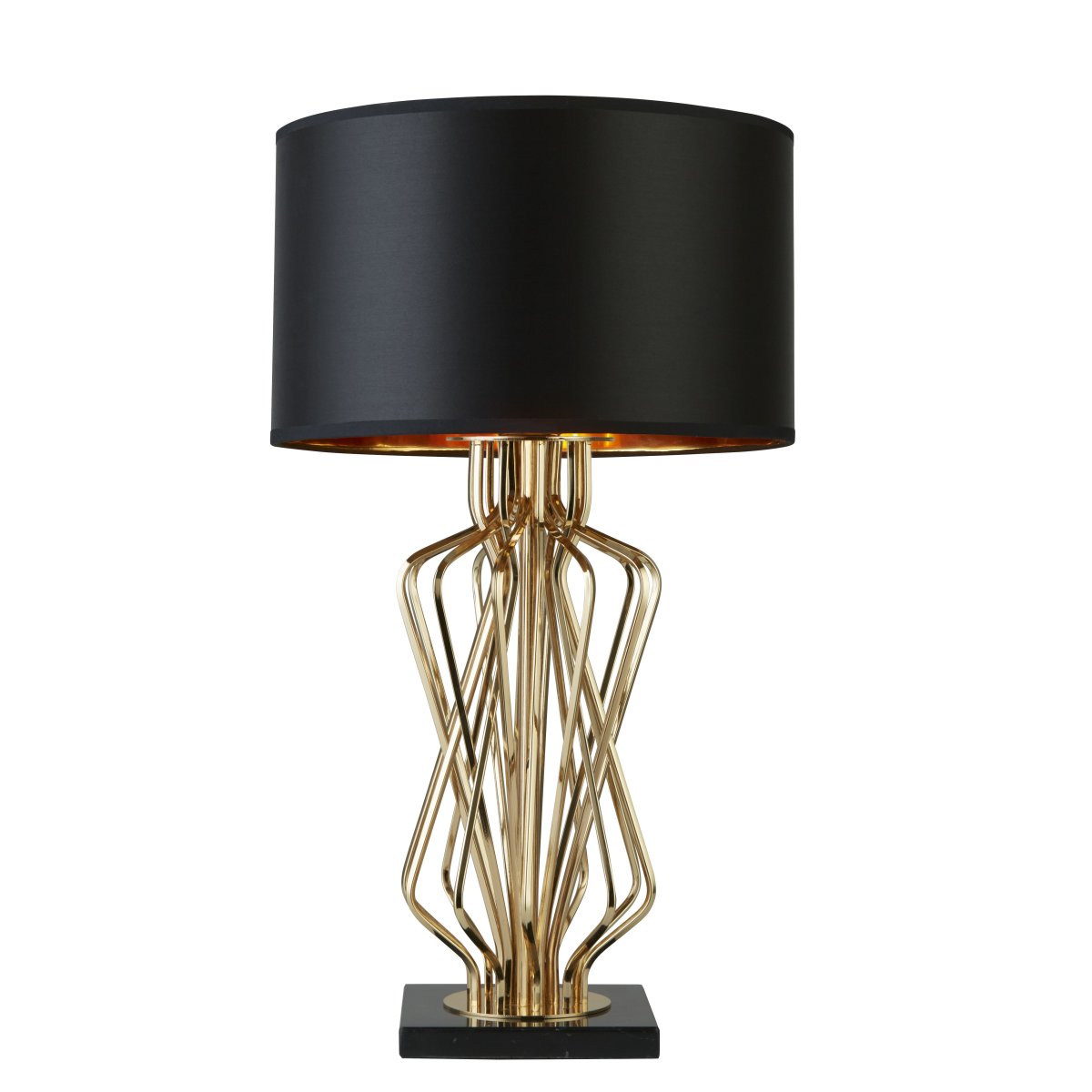Ethan 72cm Oro lámpara de mesa De Searchlight - El diseño escultórico le da a la lámpara una expresión artística, mientras que la pantalla negra con interior dorado difunde una luz cálida y suave.
