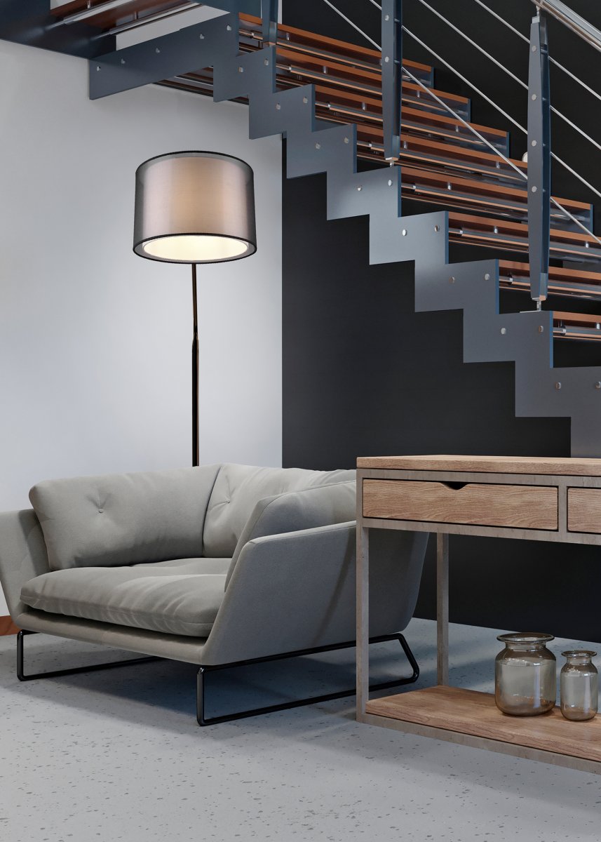 Burton Negro lámpara de pie De Trio Lighting - La moderna combinación de una pantalla interior de tela blanca y una pantalla exterior de plástico negro transparente parece individual y refrescante al mismo tiempo y se puede integrar en espacios habitables modernos.