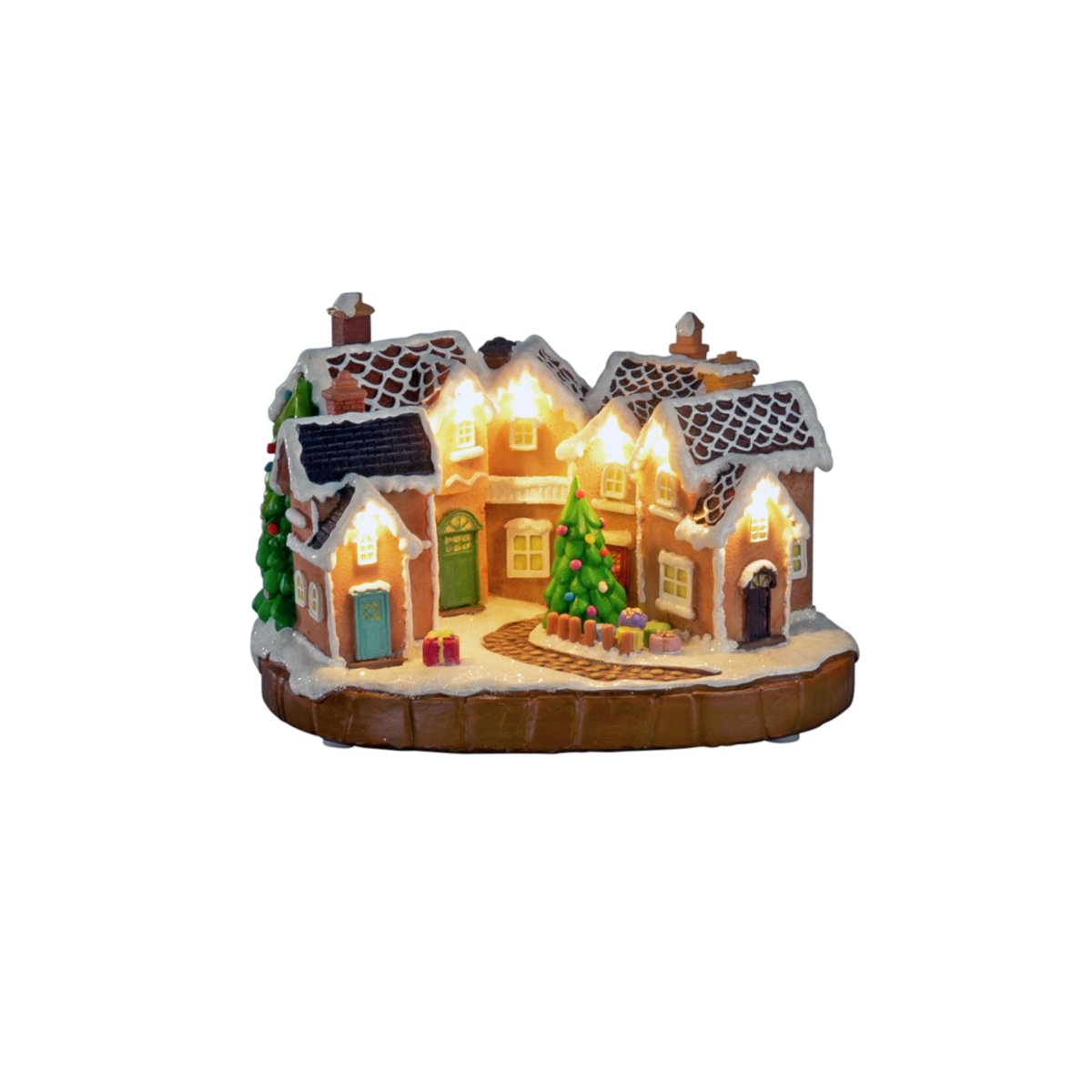 Pueblo de jengibre 17cm Marrón De Konstsmide - Los techos nevados, las puertas coloridas y el &aacute;rbol de Navidad decorado en el centro crean un ambiente navide&ntilde;o de cuento de hadas.