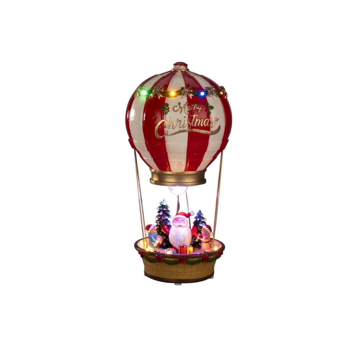 Papá Noel en globo aerostático 32cm Multicolor De Konstsmide - Funciona con 3 pilas AA (no incluidas) e incluye un cable USB para usar con un adaptador de corriente (no incluido).